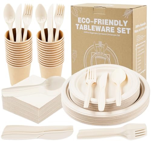 Anstore 200 Platos de Papel Ecológicos para Cumpleaños, Platos de Cartón Marrón, 25 Invitados Vajilla Reutilizable para Fiesta, Boda y Picnic, Plato, Cuchara, Tenedor, Cuchillo, Vasos, Servilletas