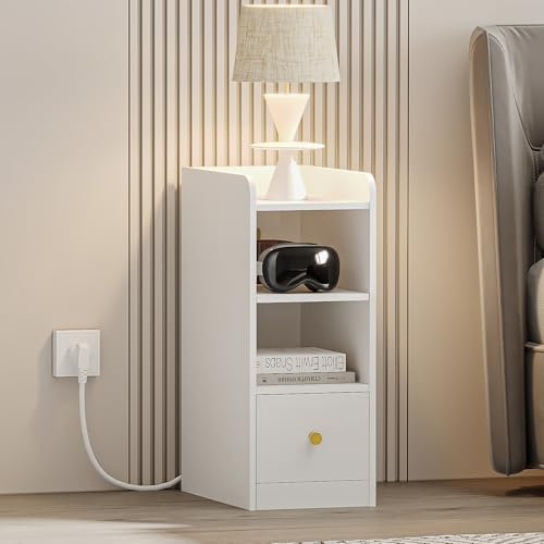 Hzuaneri Nachttisch, Schmal, Beistelltisch mit Ladefunktion, USB & Type C Anschlüsse, Nachttische mit 3 Etagen Stauraum, 1 Schublade, für Schlafzimmer, Wohnzimmer, Weiß NS36403X