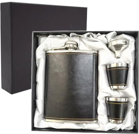 Set di fiaschetta con imbuto e bicchierini da liquore, fiaschetta da 236 ml, in acciaio inox e pelle PU, a prova di perdite, tascabile, fiaschetta per liquori da uomo, colore nero