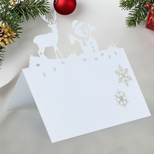 50 tarjetas de lugar de Navidad para mesa, tarjetas de lugar de nombre de Navidad para mesa de Navidad, tarjetas de nombre de mesa de muñeco de nieve, tarjetas de mesa de Navidad blancas, tarjetas de