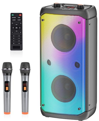 Máquina de Karaoke 2 Micrófonos Inalámbricos, Máquina de Karaoke Portátil para Adultos y Niños, Sistema PA con Luces LED, Altavoz Bluetooth Soporta para Tarjeta TF/USB, Entrada AUX, Rec,TWS