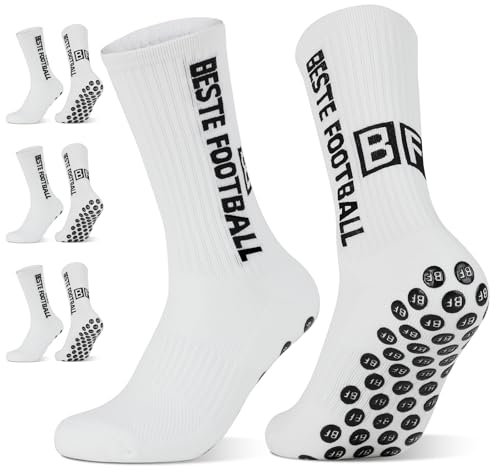 BESTE FOOTBALL Grip Socken Fussball 3 Paar 35-39 Football Socks für Herren Damen und Kinder, Anti Rutsch fußball Socken, Fußballsocken für Sport, Yoga, Tennis, Basketball, Weiß