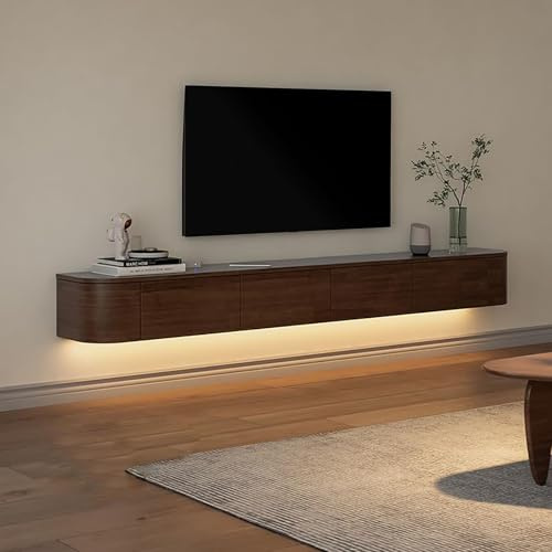 Floating TV Unit with LED Lights, Wall-Mounted TV Cabinet, Media Wall Unit with Storage, Entertainment Unit for Living Room, Modern Floating TV Stand with Drawers and Shelves (Walnut+LED, 180CM)