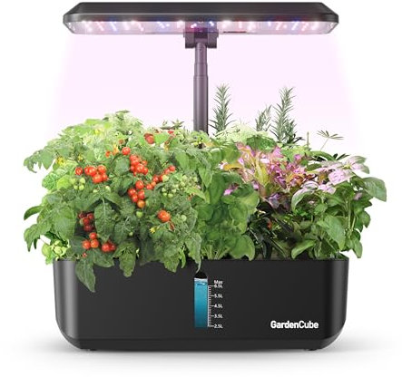 GARDENCUBE Hydroponisches Anbausystem für den Innenbereich Indoor-Gartensystem mit 12 Pflanzplätzen, LED-Wachstumslicht, höhenverstellbar, leise intelligente Pumpe – Hydrokultur-Pflanzgefäß Schwarz