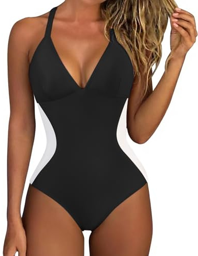 SUUKSESS Women Slimming Tummy Control One Piece Swimsuit Sexy V Neck Push Up Bathing Suit Crisscross Back Swimwear (Black White,L)
