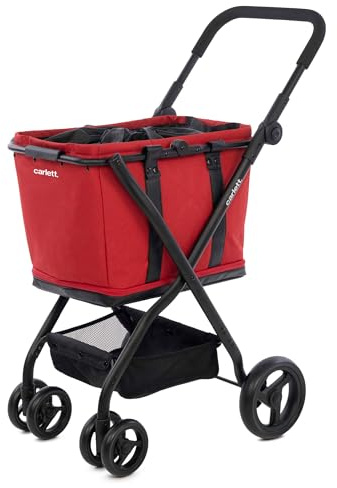 Carlett Carrito de Compra Plegable 4 Ruedas, Bolsa Amplia y Extraíble 56L-75L, Manillar Regulable, Freno de Seguridad, Cesta Convertible a Bolso, Resistente al Agua, Cubre Lluvia, Cube S, Color Rojo