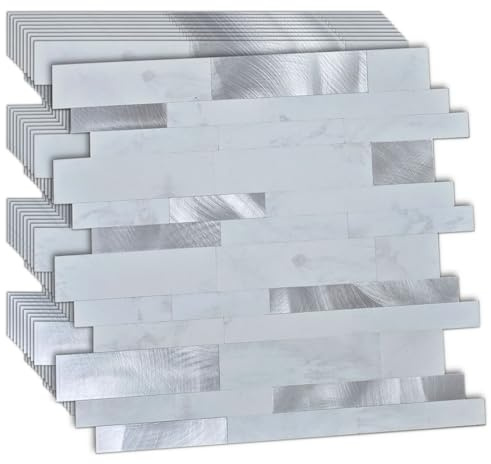 XUANINY 10-Sheet Peel and Stick Metal Backsplash Tiles, Self Adhesive Brushed Aluminum Subway 3D Wall Sticker for Kitchen Bathroom (11.81x11.81) (10, White Stone + Frosted Silver)