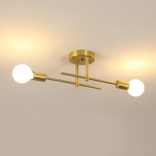 DELIPOP Plafoniera Soffitto Vintage, E27 Lampadario Moderno Oro, 2-Luci Lampada da Soffitto Industriale in Metallo per Camera da letto Soggiorno Loft Cucina, Diametro 43CM