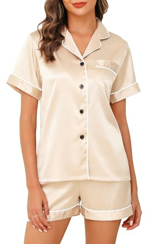 LXEASYGO Imitation Silk Pajamas for Women Soft Short Sleeve Satin Sleepwear Ladies Pjs Two Piece Set Button Down Nightwear Loungewear (UK, Alpha, XS, Regular, Regular, Champagne)