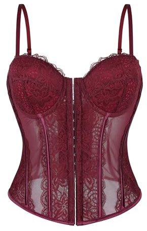 Wikoan Corset Femme Broderi Corsets Bustiers en Dentelle et Maille avec Bretelles Spaghetti Sexy Debardeur Corset Gothique Pirate Top pour Sortir et Fêtes