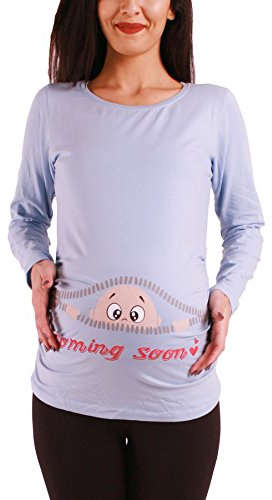 M.M.C. Coming Soon - Simpatica graziosa T-Shirt Premaman Manica Lunga per la Gravidanza (Baby Blue, Small)