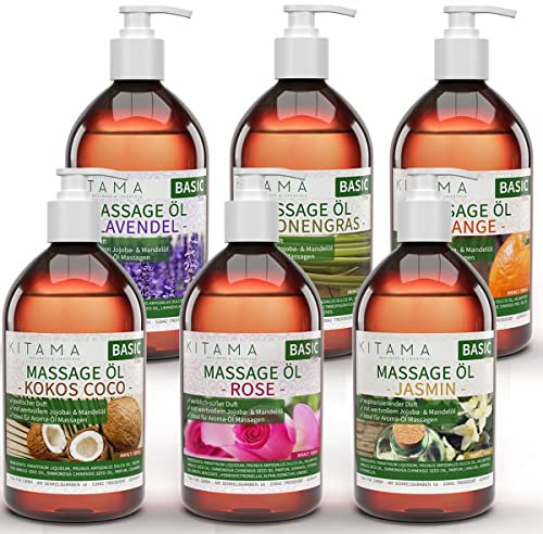 Kitama Massageöl Aroma Set 6 x 500ml - Aroma Jasmin, Rose, Orange, Lavendel, Kokos & Zitronengras - Aroma-Öl Haut-Öl Pflege-Öl