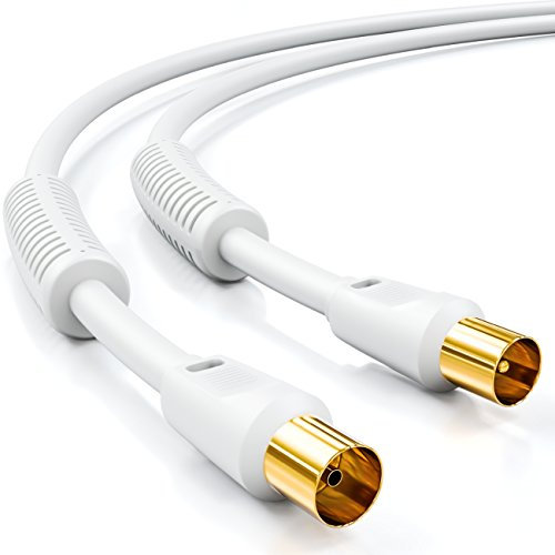 deleyCON 1m TV Antennenkabel Koaxial Kabel HDTV 4-fach Schirmung 2x Ferritkern Mantelstromfilter DVB-T DVB-T2 Radio DAB - Weiß