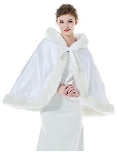 BEAUTELICATE Mantello con Cappuccio Donna Mantella Corto Pelliccia Sintetica Rosa da Sposa con Mano Muff per Matrimonio Invernale Hallween Natale Carnevale Cosplay (Bianca, Taglia Unica)