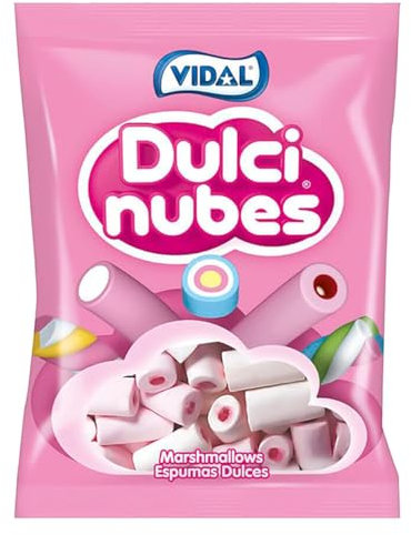 Vidal Golosinas Dulcinubes Rellenas. Nubes sabor vainilla color blanco y rosa rellenas de gelatina sabor fresa. Bolsa de 125 unidades.