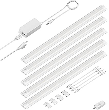 ledscom.de LED Unterbau-Leuchte SIRIS weiß matt mit Bewegungsmelder, flach, je 50cm, je 531lm, warm-weiß, 5er Set