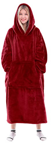 Waitu Wearable Blanket Sweatshirt for Women and Men, Super Warm and Cozy Big Blanket Hoodie, Thick Flannel Blanket with Sleeves and Giant Pocket - Red