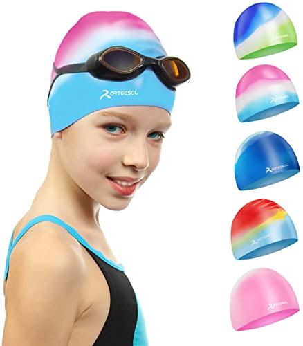 Badekappe für Kinder, Jungen und Mädchen im Alter von 5-12 Jahren, Bequeme Passform für langes und kurzes Haar