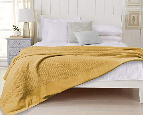 Divine Textiles 100% Cotton Waffle Weave Thermal Blanket for Couch Bed Sofa Home Decorations, Mustard - 150 x 200 cm