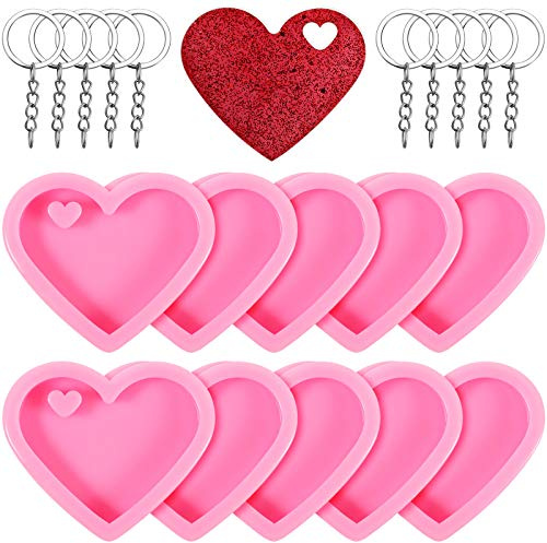 Patelai 10 Set Heart Resin Keychain Molds for Epoxy Resin Mother's Day Silicone Fondant Molds Love Keychain Gift with 10 Key Rings for DIY Decoration, Homemade Dessert Wedding Birthday
