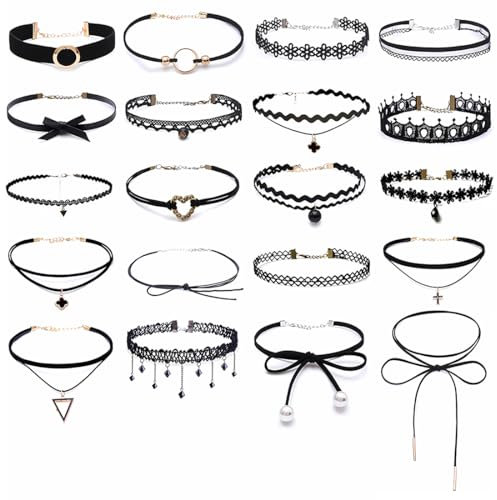 20 Stück Choker Halsketten Set Schwarze Samt-Halsbänder Verstellbare Gothic Tattoo Spitze Choker Ketten Stretch Samt Classic für Frauen Mädchen/Geburtstag/Party/Hochzeit