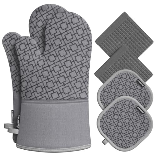 Oven Mitts and Pot Holders Sets 6pcs, Kitchen Oven Glove,High Heat Resistant 550 Degree Extra Long Oven Mitts and Potholders with Non-Slip Silicone Surface for Home Essentials (Grey) (Gray)