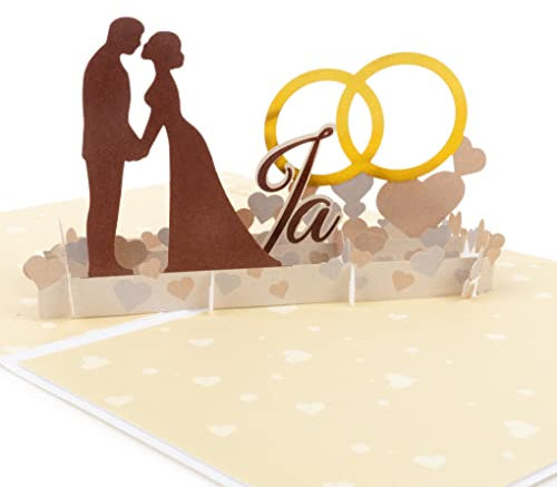 LIMAH® Pop-Up Karte zur Hochzeit - zum Hochzeitstag oder zur Trauung - 3D Glückwunschkarte für Geldgeschenk, Hochzeitsreise, Flitterwochen/Motiv Paar, JA und Goldene Ringe