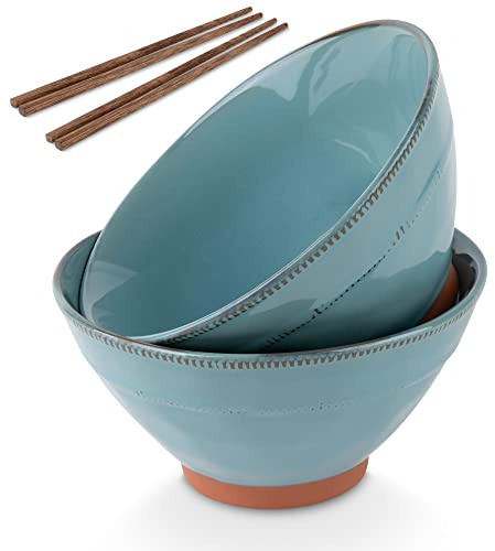 KooK Ramen Bowl Set of 2, 36 oz Large Japanese Terracotta Ceramic Bowls with 2 Wooden Chopstick Sets, Microwave, Oven & Dishwasher Safe, Teal Blue