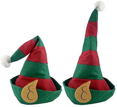 Carnavalife Elfo Navidad Gorro Navidad Adulto para Disfraces Navideños, Gorro Papá Noel Verde y Rojo para Navidad, Gorro de Elfo para Disfraces de Fiesta, 2pcs