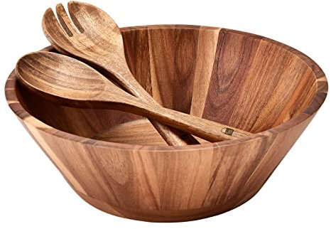 JF JAMES.F Salatschüssel Holz, Große Salatschüssel Set Ø 30 cm Obstschale Schüssel mit Salatbesteck, XXL Salatschüsselset Salat Rührschüssel mit Holzlöffel & Gabel –Ideal für Küche, Picknick & Party