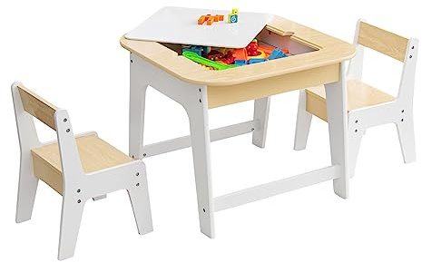 COSTWAY Kids Table and Chairs Set, Wooden Toddler Activity Table Set with Double-Sided Tabletop and Hidden Storage, 3 PCS Children Furniture Set for Learning Drawing Eating (Natural+White)