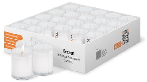 ration1.de 25 Kerzen, Teelichter groß, 24 Stunden Brenndauer, weiß, transparent, Lichter Set unparfümiert, in Glas aus Kunststoff klar, ohne Duft, rußfrei, Deko für Innen & Außen, Gastro, Party
