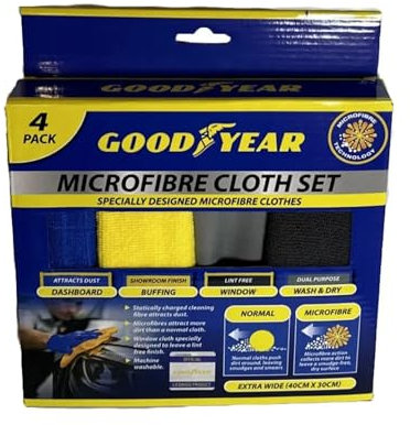 Goodyear 4PC Microfibre Cloth Set- microfibre cloths for cleaning your vehicle | Cleaning fibres attract dust | Showroom finish | Machine washable | Dashboard, Buffing, Window cloth | Wash and drying