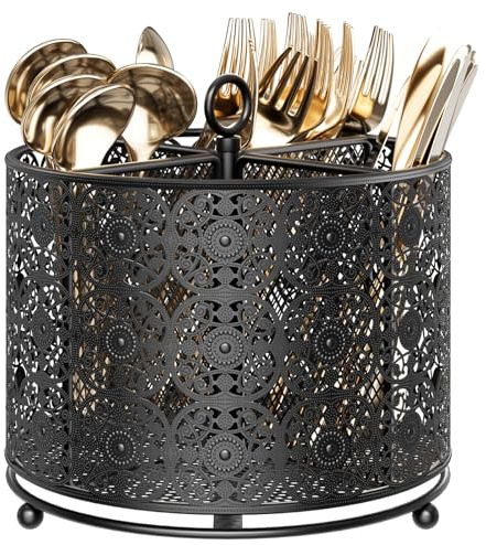YIUKEA 360° Rotating Utensil Caddy Countertop - Cutlery Silverware Caddy Holder with 4 Compartment - Higher Raised Flatware Organizer with Handle for Party Kitchen Counter Office Black