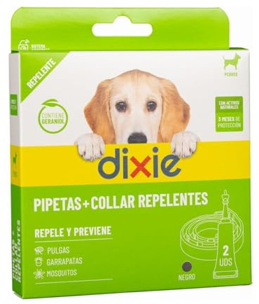 DIXIE - Pack Doble Protección Perros - Collar 58 cm Negro y Pipetas 2 uds x 2 ml Repelentes - Protege 4 Meses contra Pulgas, Garrapatas y Mosquitos - sin Insecticidas - Todos los Tamaños de Perros
