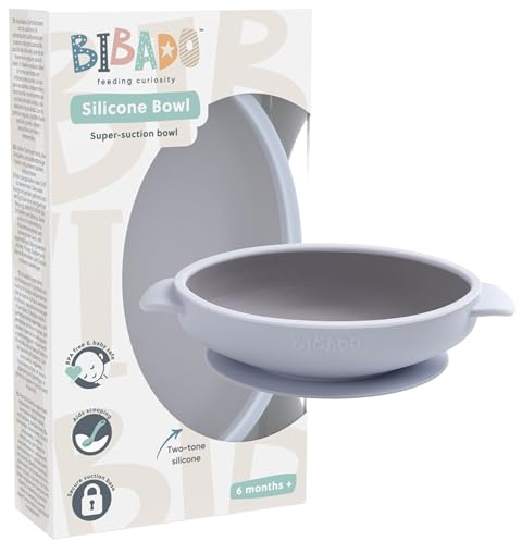 BIBaDO - Silicone Baby Bowl (Mist) - Stay Put Suction Bowl - Oval Shape - First Meals & Snacks - Durable, Dishwasher & Microwave Safe, BPA Free - Medical Grade - Baby Essentials - 6 Months to 3 Years