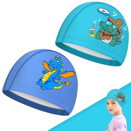 2 Pièces Bonnet De Bain Enfant, Bonnet Piscine Enfant PU avec Motif De Dessin Animé, Bonnet De Bain Imperméable Bonnet Piscine pour Garçons Et Filles âgés De 6-12 Ans, Bleu