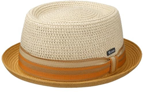 Lipodo Manavela Pork Pie Strohhut Porkpie Pork-Pie-Hut Sonnenhut Sommerhut Strandhut Damen/Herren - Made in Italy Frühling-Sommer Sommer - M (56-57 cm) Natur-Curry