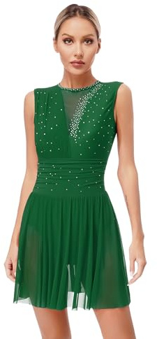 Miaeowve Kürkleider Eiskunstlauf Damen Strass Glitzer Rollkunstlauf Kleid Ärmellos Ballettkleid Mesh Patchwork Tanzkleid Rückenfrei Wettebwerb Tanzkostüm Grün S