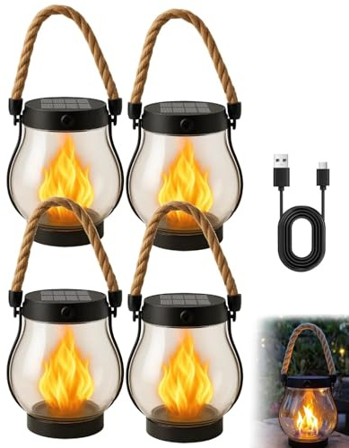 FLKWOP Kaliqo Farol Solar Luces Exteriores Impermeable, Farol Solar Llama Danzante Luces Exteriores, Kaligo Cuerda de Cáñamo Faroles Colgantes de Llama para Decoraciones de Jardín y Patio, Modos de