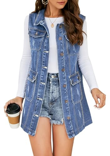 Flygo Womens Casual Button Up Sleeveless Denim Jean Mid Long Vest Gilet Jacket, 01 Mid Blue, XL
