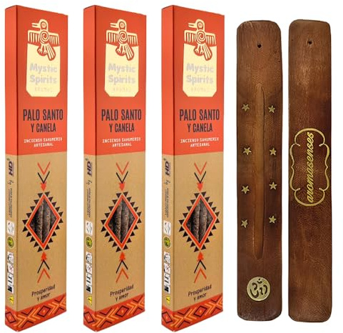 AROMASENSES | Pack 3 Inciensos Mystic Spirits Palo Santo con Canela | 3 Cajetillas de 8 Varillas + 1 Tablilla de Madera | Sahumerio Artesanal | Esotérico | Purificación