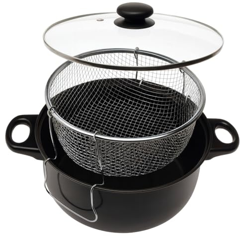 Deep Chip Frying Pan with Basket & Glass Lid - 26cm Diameter - Non-Stick Deep Fryer Pot for Chips, Onion Rings, Fish & More – Compatible with Gas, Electric & Ceramic Hobs