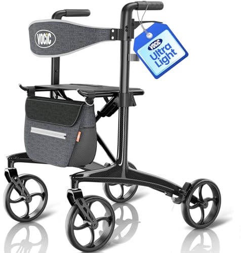 VOCIC Z75 Carbon Ultralight Rollator with Seat 5.5 kg Lightweight, Slim Rollator for Home Use, Indoor & Outdoor, Foldable Walker for Seniors, Max 136 kg, 5 Year Support, No Assembly(Black)