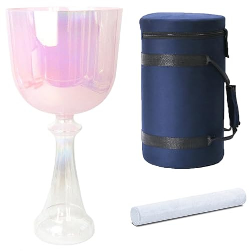 Cuenco tibetano de cristal portátil for meditación y baño de sonido, cuenco musical de chakras de cuarzo puro color rosa con martillo de percusión y mochila de viaje.(432Hz,7inch A note)