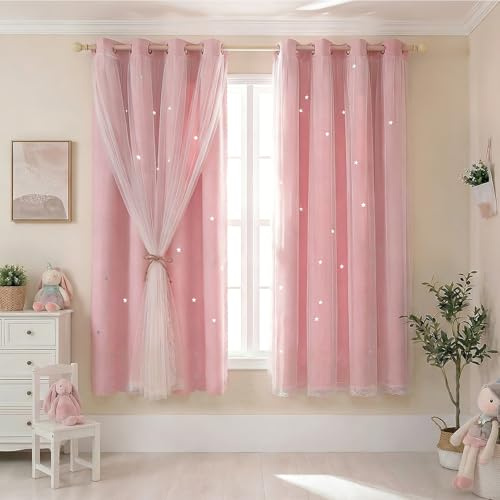 NAKIHOUSE Kids Blackout Curtains Pink for Nursery Girls Bedroom, 2 Panels | Thermal Insulated Room Darkening Washable Eyelet Stars Cut Out Curtain Window Drapes with Sheer Tulle Layer, 52 x 63 Inch