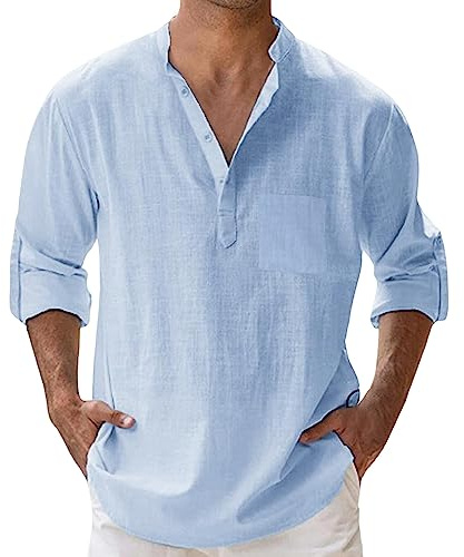 Chemise Homme en Lin – Col Henley, Manches Longues, Chemise d’Été Respirante, Coupe Décontractée, S-5XL