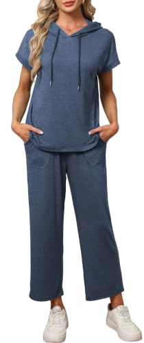 Famulily Tracksuit Womens Full Set Short Sleeve Drawstring Hoodies & Wide Leg Crop Pants Summer 2 Piece Outfits with Pockets