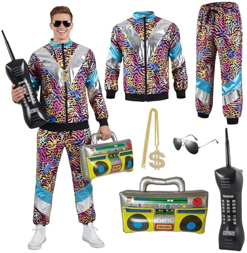 Xerteam Vestito da uomo anni '80 e '90, con accessori, stile hip hop retrò anni '80, per adulti, set con 1 abbigliamento sportivo, camicia, pantaloni, cappello, collana, palloncino e occhiali (stampa