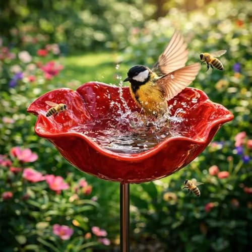 Bain Oiseaux Artisanal Fleur,Station Abreuvement Abeilles pour Jardin，Boissons D'oiseau en Forme de Fleur Faits à La Main,Boissons d'abeilles,Oiseauxs Résistante Intempéries Fleurs (Red)